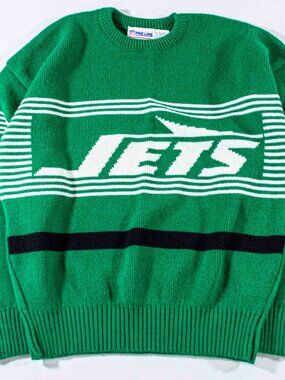 Vintage New York Jets Cliff Engle Sweater XL 80s Pro Line Striped Logo Green
